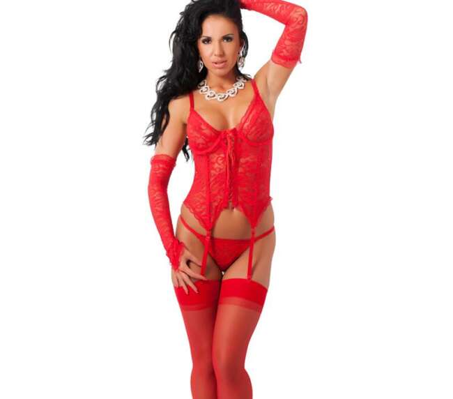 4-Piece Set: Corset, Thong, Gloves, and Stockings