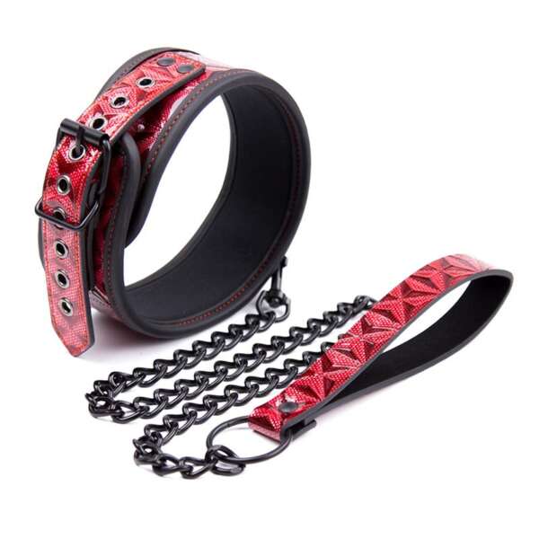Adjustable Collar With Leash Diamond Vegan Leather – Image 4