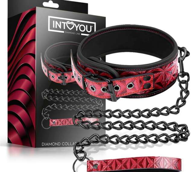 Adjustable Collar With Leash Diamond Vegan Leather