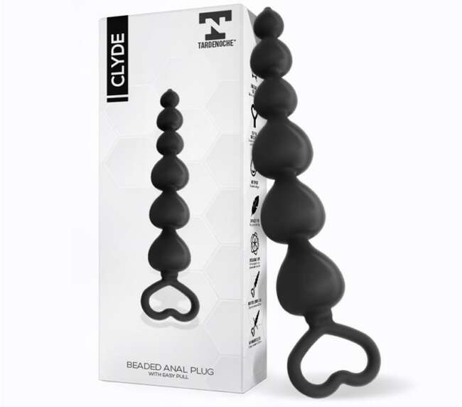 Clyde Beaded Butt Plug with Easy Pull Ring Silicone Black