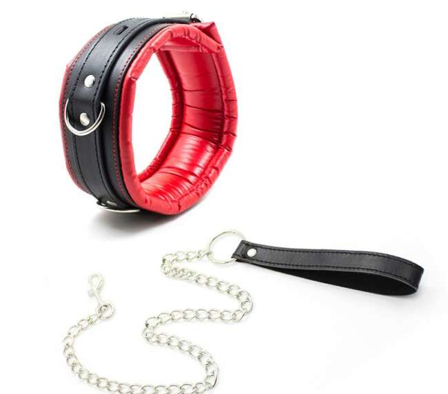 Collar With Metal Leash Padded Interior Red/Black