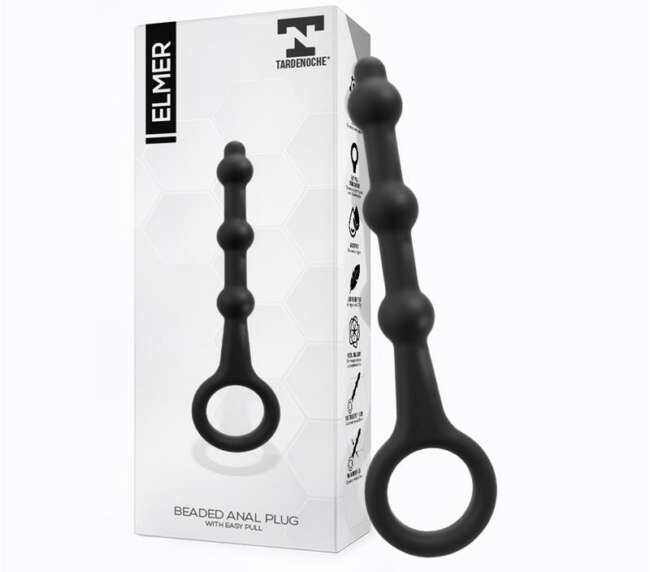 Elmer Beaded Butt Plug with Easy Pull Ring Silicone Black