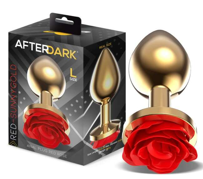 Golden Metal Anal Plug with Red Rose Base Size L