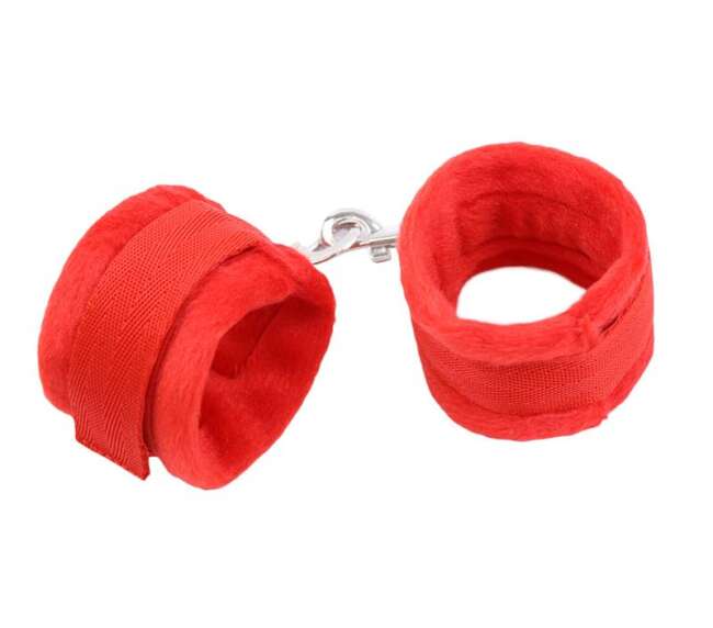 Handcuffs with Velcro with Long Fur Red