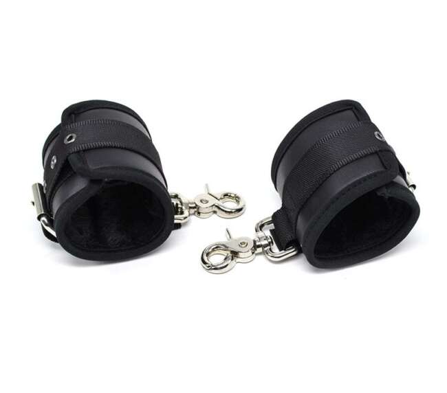 Leather Handcuffs with Big Hoops Black