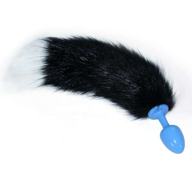 Metal Butt Plug Blue with Black and White Fox Tail