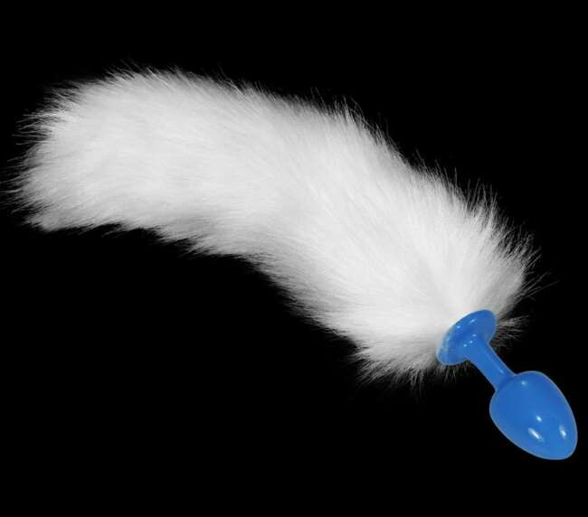 Metal Butt Plug Blue with White Fox Tail