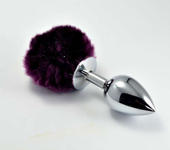 Metal Butt Plug with Purple Pompon Size S