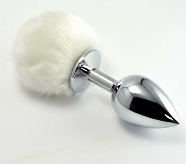 Metal Butt Plug with White Pompon Size L