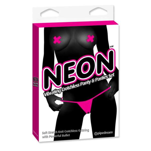 Neon Vibrating Crotchless Panty and Pasties Set Pink – Image 5