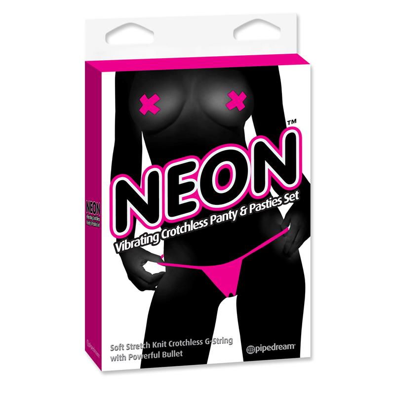 Neon Vibrating Crotchless Panty and Pasties Set Pink – Image 5