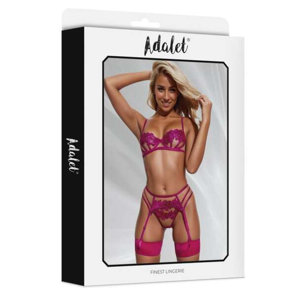 Nora bra, thong, and garter belt Set with Flowers Fuchsia – Image 3