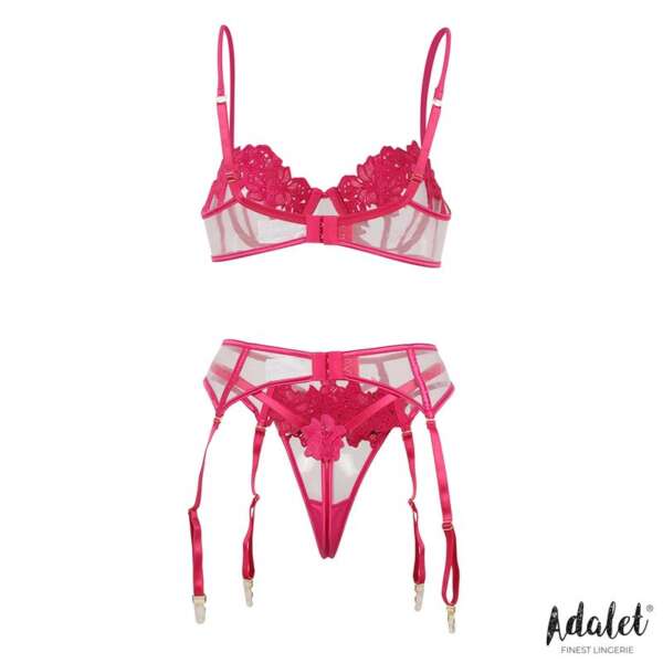 Nora bra, thong, and garter belt Set with Flowers Fuchsia – Image 6