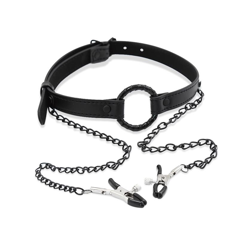O Ring Gag and Nipple Clamps Vegan Leather – Image 5