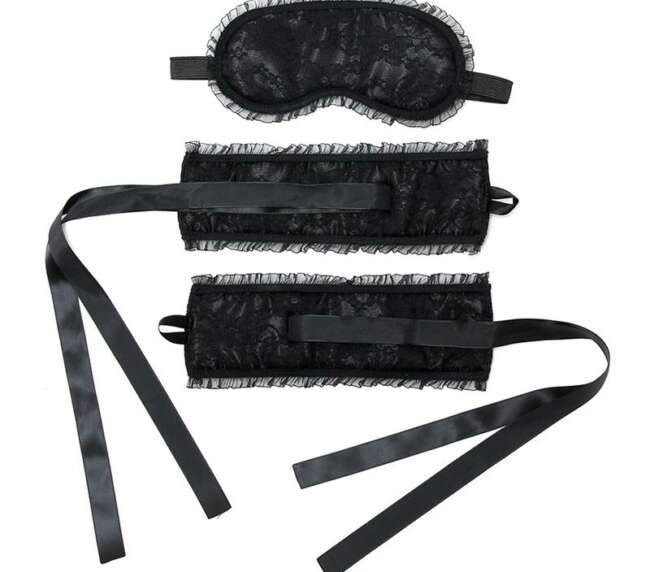 Bondage Satin Look Handcuffs with Mask Black