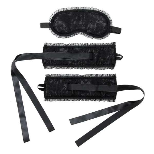 Bondage Satin Look Handcuffs with Mask Black