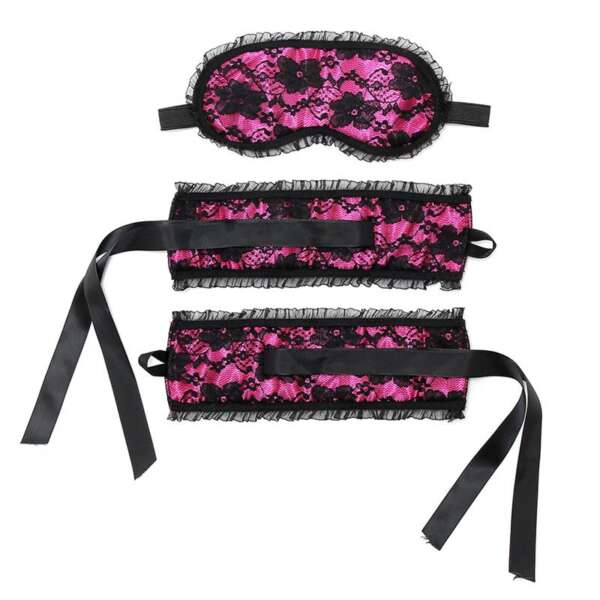 Bondage Satin Look Handcuffs with Mask Pink