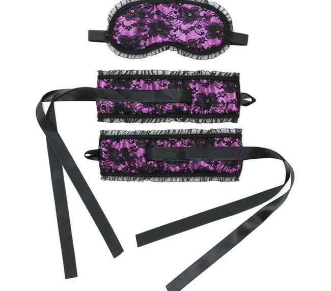 Bondage Satin Look Handcuffs with Mask Purple