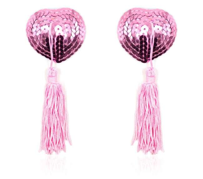 Self-Adhesive Heart Sequin Nipple Cover with Tassel Pink