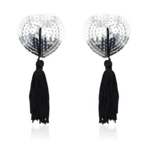 Self-Adhesive Heart Sequin Nipple Cover with Tassel Silver/Black