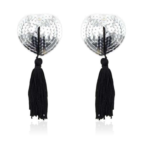 Self-Adhesive Heart Sequin Nipple Cover with Tassel Silver/Black