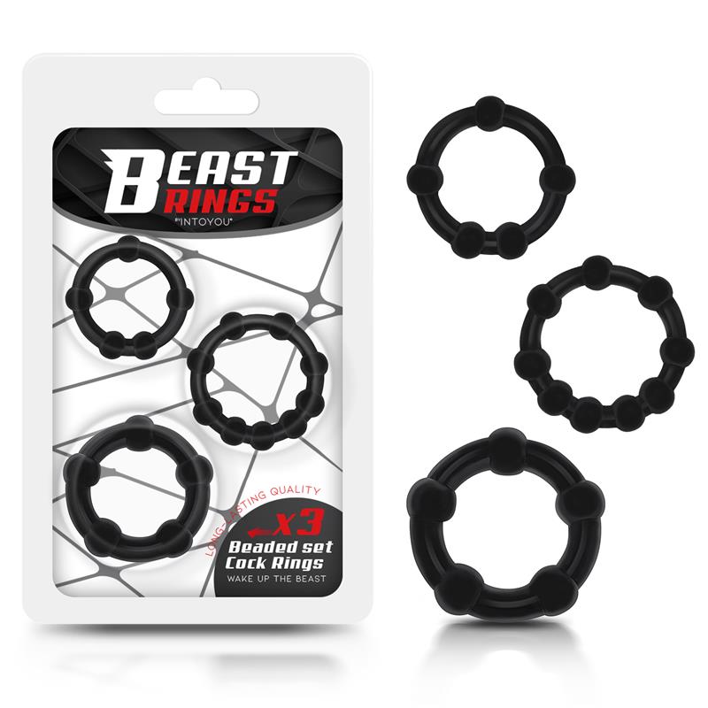 Juego de 3 Cock Ring Flexible de Cuentas Negro