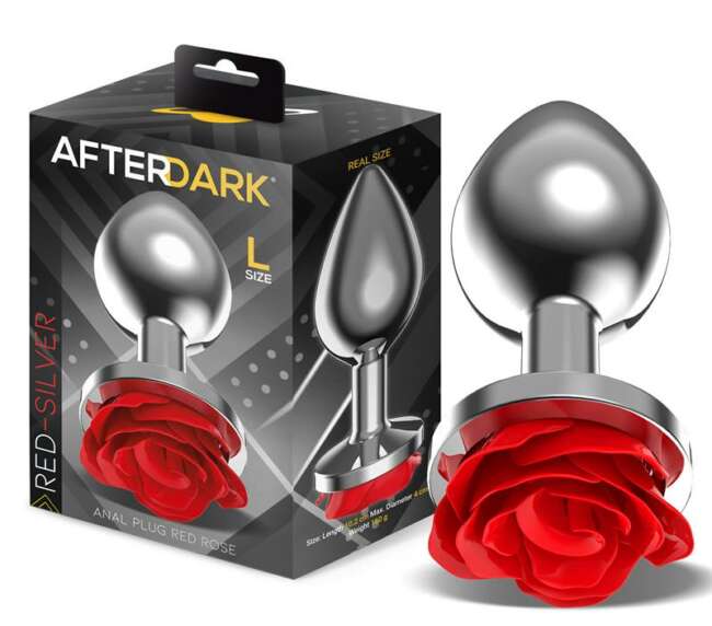 Silver Metal Anal Plug with Red Rose Base Size L