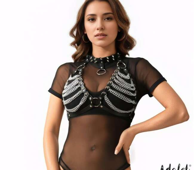 Zaira Vegan Leather Bra with Chain One size