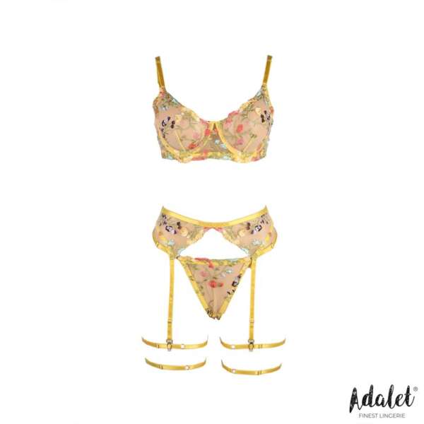 Zoey Bra, Thong, Garter Belt, and Yellow Floral Garters Set – Image 5